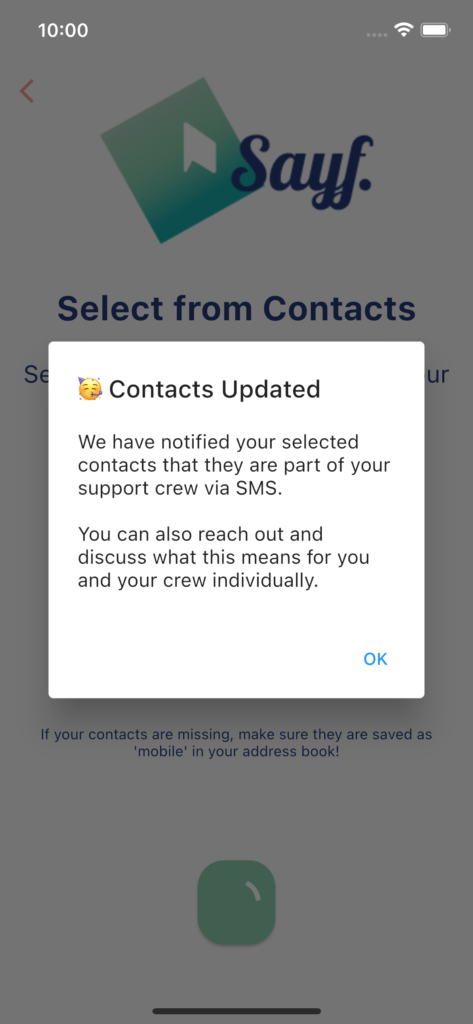 Image showing the contact updated modal after a user has modified contacts in app settings available in this release.